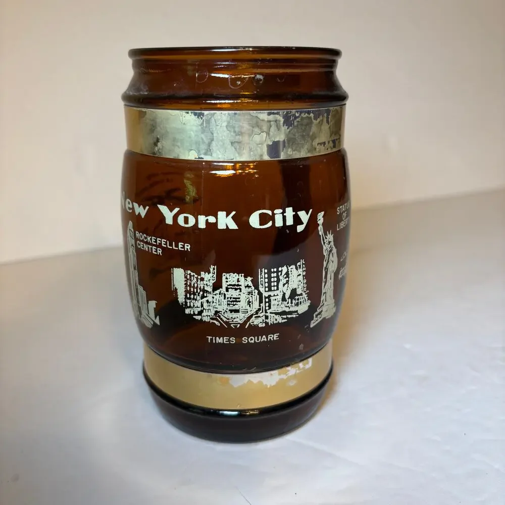 Vintage New York City NYC Souvenir Brown Glass Barrel Mug Wood Handle